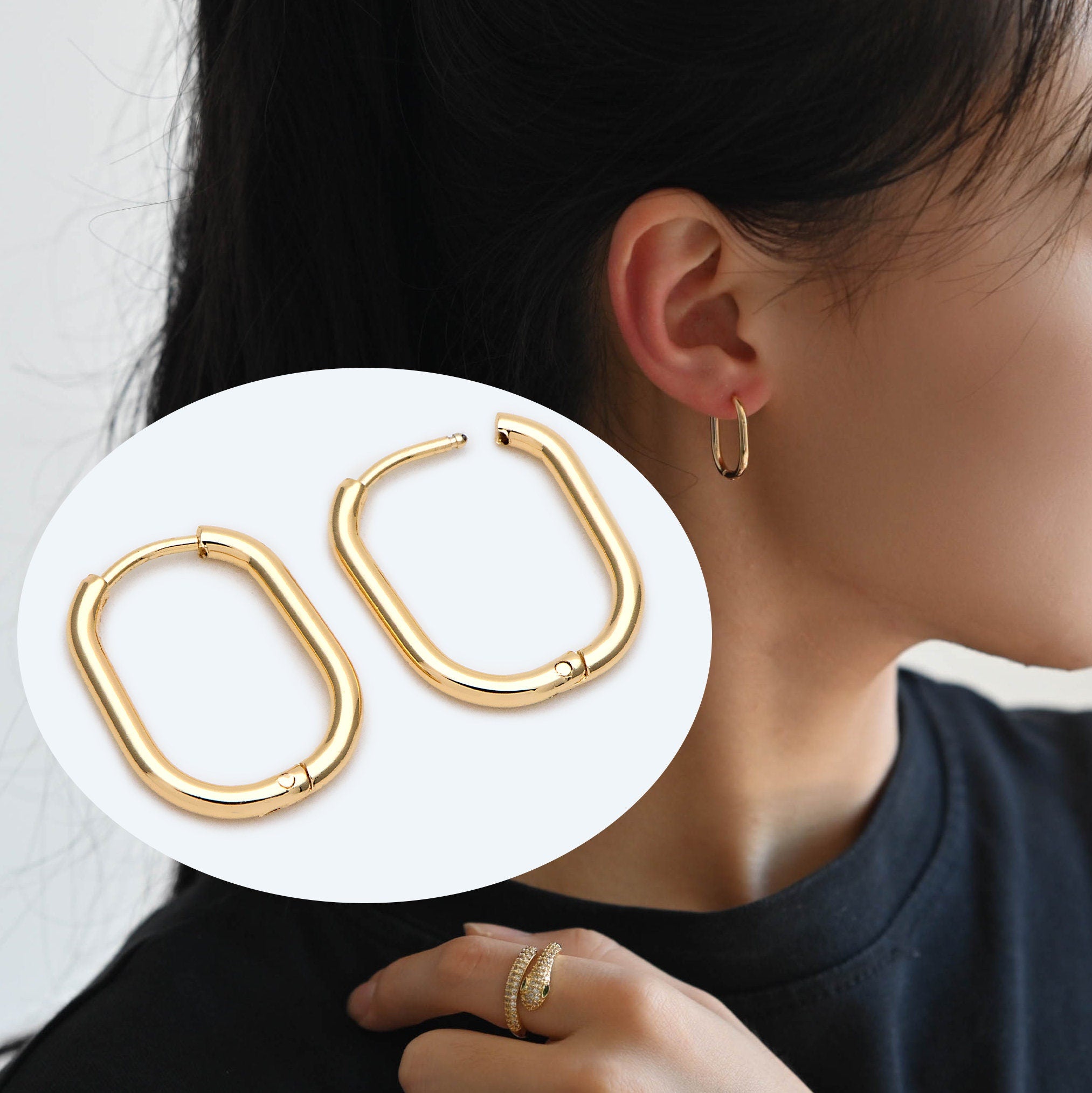 4pcs Oval Huggie Earrings, Oval Hoop Earrings 20x15mm, 18K Gold/ Rhodium plated Stainless Steel, Geometric Earring Supplies (GB-2388-B)